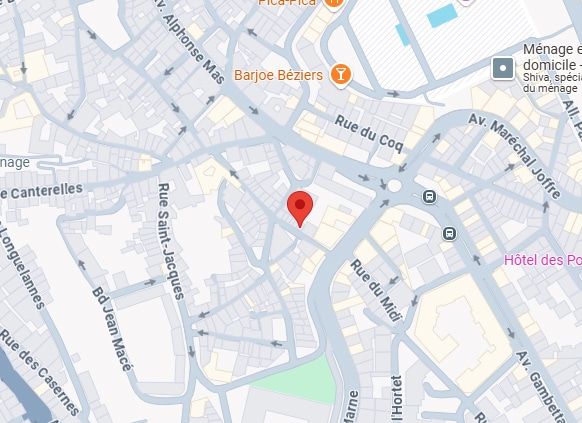 Plan détaillé de Béziers centre. Marqueur rouge localisation près Rue Saint-Jacques, Rue du Coq, Rue du Midi. Indique Barjoe Béziers.