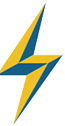 Logo éclair stylisé avec des sections jaunes et bleues, formant un motif dynamique et anguleux.