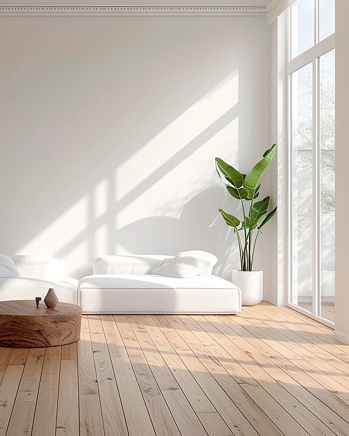 Salon minimaliste lumineux avec murs blancs, ombres du soleil, sofa blanc modulaire, table basse en bois, plante verte, parquet clair.